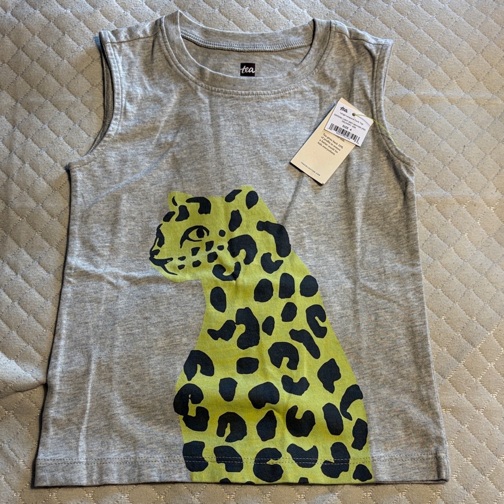 Tea Collection Gray Tank Top with Green Leopard Design size 4